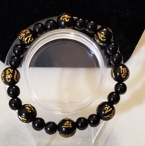 NWT Handcrafted Men's Black /Gold Natural Obsidian Mantra Natural Stone Bracelet